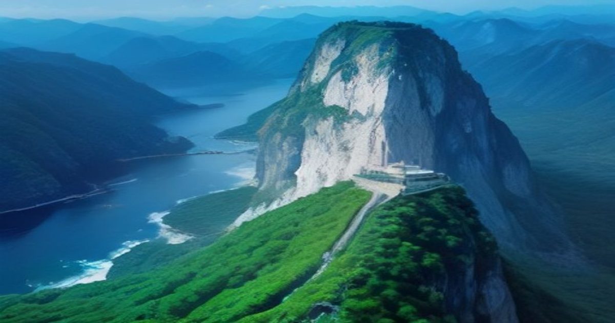 深青色背景上，一座孤岛灯塔在薄雾中亮着暖光，象征对萝莉岛真相的探寻与审视